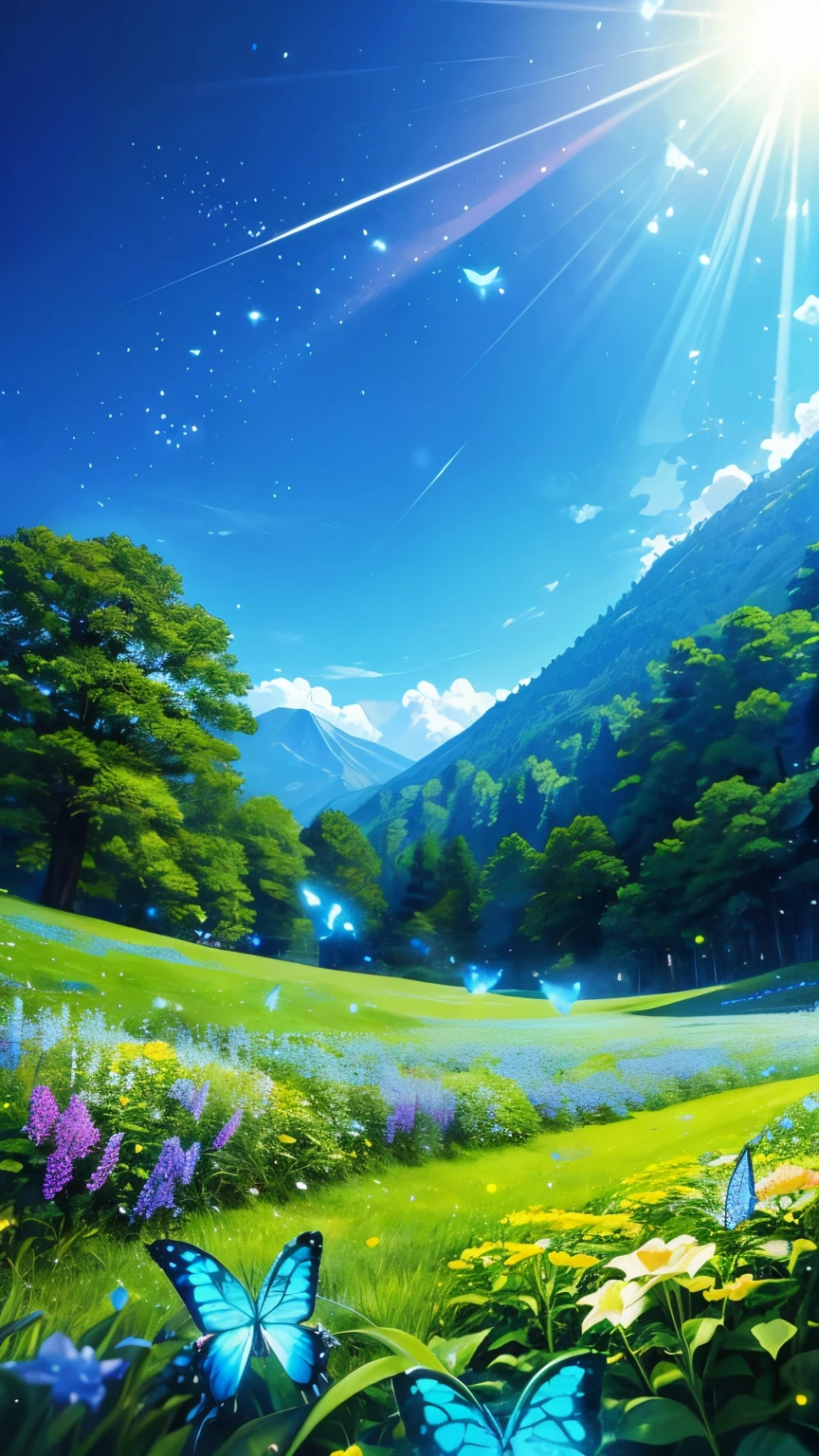 anime inspired greenery alps with bright blue sky and bright sun (glowing fireflies and butterfiles )(greenery view)(bright blue shinning sky)(night view)(borkeh effect)