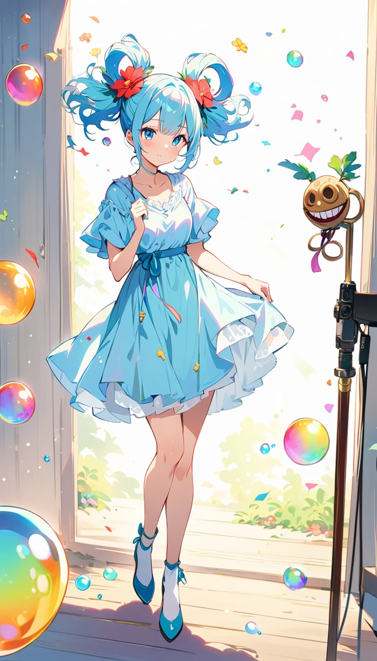(masterpiece), (highest quality), (Super Detail), (Disheveled Hair), (figure), (One Girl), (Fashionable clothes), Are standing, Fashion Model, Beholder, (interview), (Simple Background), Beautiful beautiful eyes, Delicate and beautiful face, floating, (High saturation), (Colorful Splash), Colorful bubbles, (Shine), Focus on the face, ponytail, Light blue hair, bangs, Hair Ring, floating Flowers, floating Hairs, (The Shining), Best lighting, Best Shadow、(highest quality、masterpiece、High resolution、detailed)、animeスタイル、Flat Style、(Shine目、detailed美しい顔),  BREAK,anime
