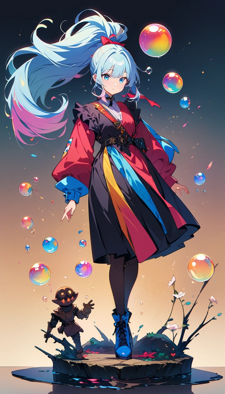 (masterpiece), (highest quality), (Super Detail), (Disheveled Hair), (figure), (One Girl), (Fashionable clothes), Are standing, Fashion Model, Beholder, (interview), (Simple Background), Beautiful beautiful eyes, Delicate and beautiful face, floating, (High saturation), (Colorful Splash), Colorful bubbles, (Shine), Focus on the face, ponytail, Light blue hair, bangs, Hair Ring, floating Flowers, floating Hairs, (The Shining), Best lighting, Best Shadow、(highest quality、masterpiece、High resolution、detailed)、animeスタイル、Flat Style、(Shine目、detailed美しい顔), BREAK,anime