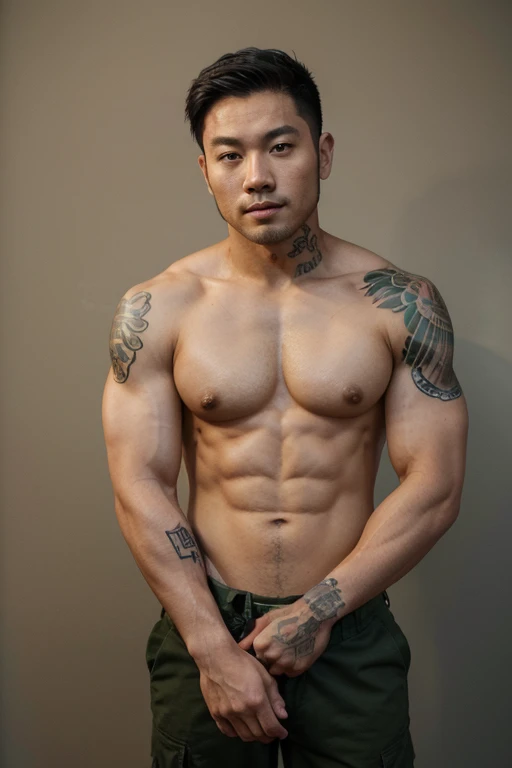 bonito, muscular, Asian face, Garoto coreano, rosto perfeito, tem uma barba rala,wearing military pants, sem camisa, The entire right arm is tattooed, up to the chest.