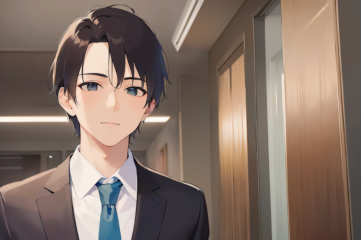 masterpiece、highest quality、(25-year-old male:1.5) and (Brown short hair) and (Green Eyes), (Wearing a suit:1.3)、Wearing a white shirt、Wearing a blue tie、Are standing、smile、Background is an office room、(Alone:1.5)、Upper body is shown、