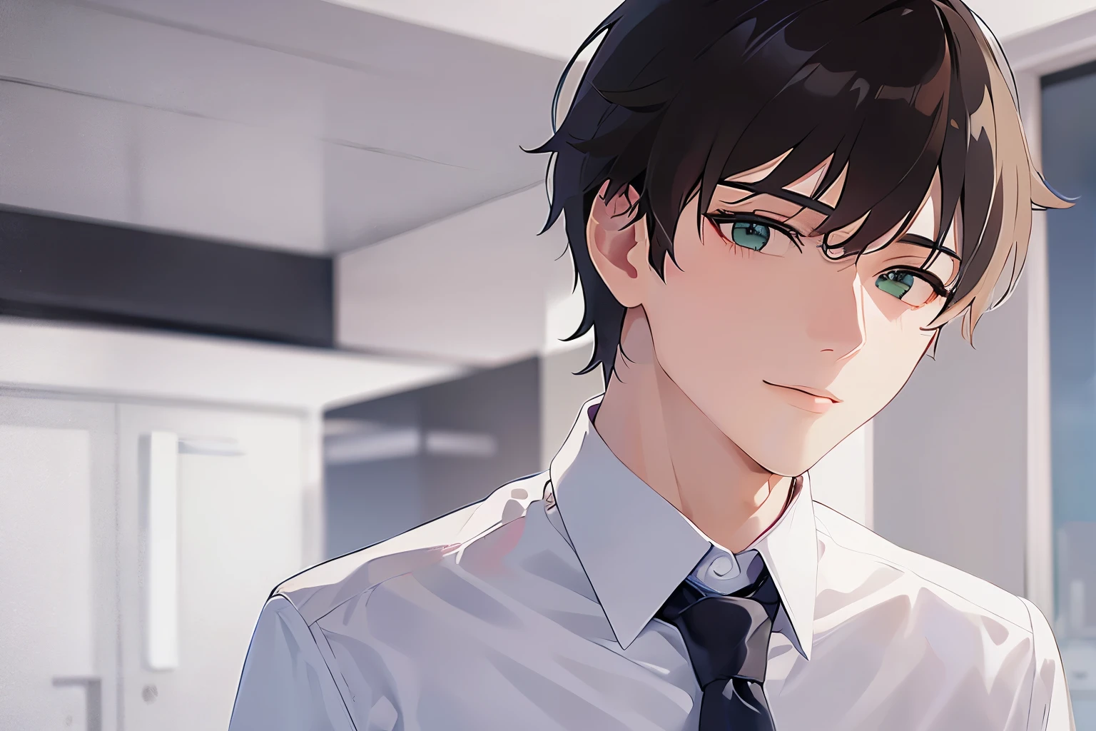 masterpiece、highest quality、(25-year-old male:1.5) and (Brown short hair) and (Green Eyes), (Wearing a suit:1.3)、Wearing a white shirt、Wearing a blue tie、Are standing、smile、Background is an office room、(Alone:1.5)、Upper body is shown、