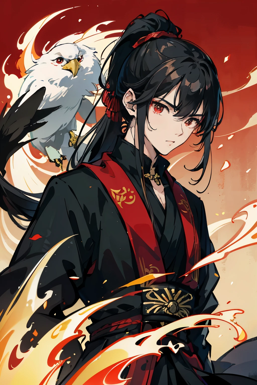 High Dynamic Range, high quality, masterpiece, Excellent, daytime, 1 person, Chinese, China, China法院, eagle, Black Hair, Red eyes, Split ends, Long hair, Long bangs, High Ponytail, Handsome, Handsome, Serious, Moderate, High, Quiet, Dark clothing, Dark gray clothes, prince, sword, look down