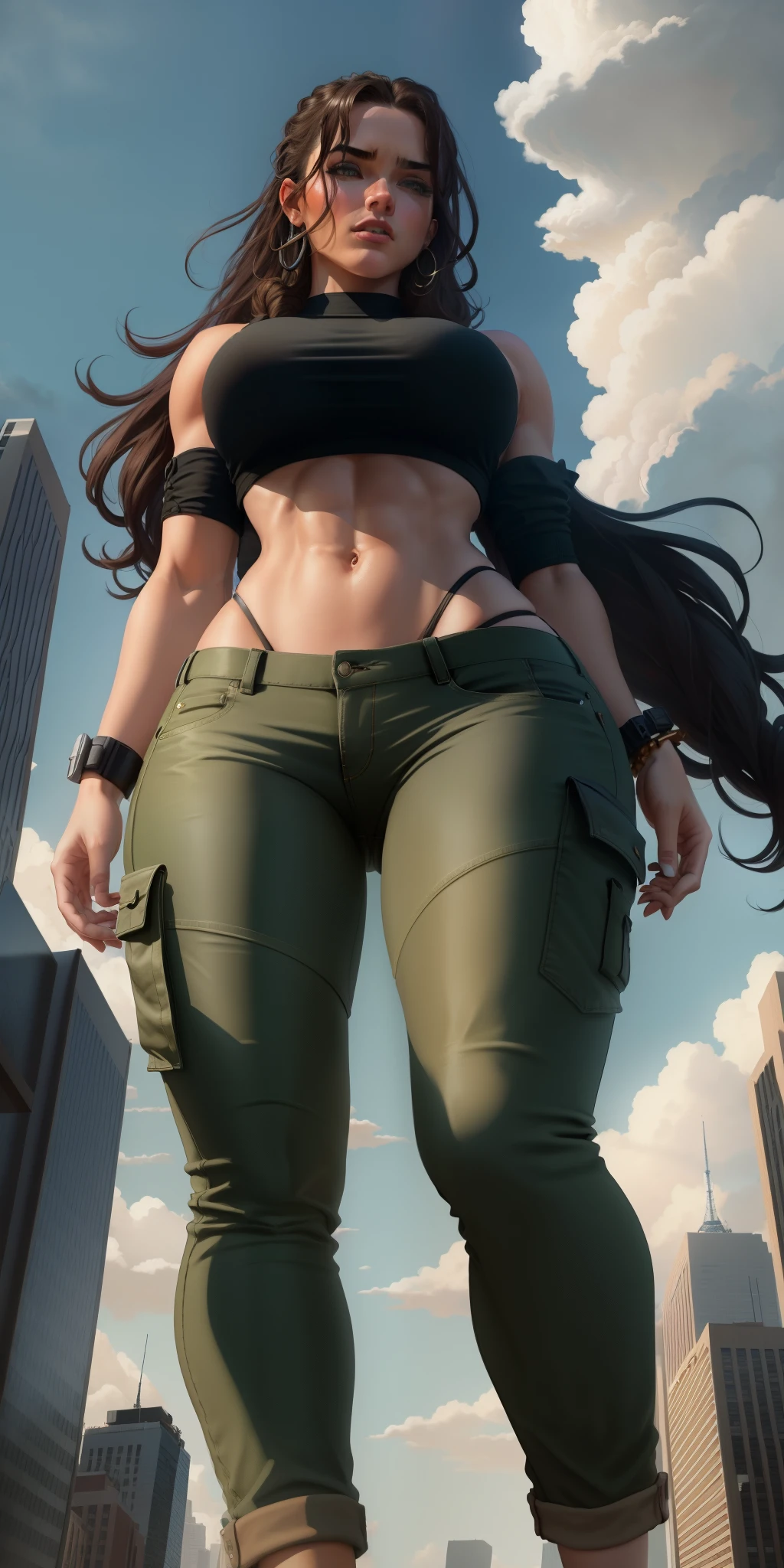 "A towering Giantess in a cool and laid-back hippie style is rocking a crop top and baggy pants. Her toned and athletic build hints at her massive strength. She seems to be casually strolling through the bustling cityscape of GTS City, as towering buildings loom overhead. Smoke and clouds roil around her, adding to the sense of epic scale and drama. The lighting is dark, gloomy, and realistic, creating a tense and ominous atmosphere. The perspective is from below, emphasizing the sheer majesty and power of the Giantess."