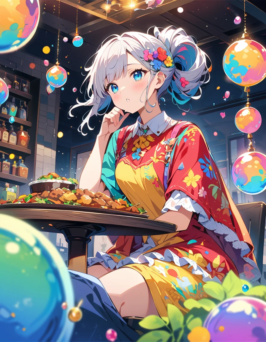 (masterpiece), (highest quality), (Super Detail), (Disheveled Hair), (figure), (One Girl), (Fashionable clothes), Sitting, (Eating Massaman curry)、Beautiful Eyes, Delicate and beautiful face, floating, (High saturation), (Colorful Splash), Colorful bubbles, (Shine), Focus on the face, ponytail, Random color hair, bangs, Hair Ring, floating Flowers, floating Hairs, (The Shining), Best lighting, Best Shadow、(highest quality、masterpiece、High resolution、detailed)、animeスタイル、Flat Style、(Shine目、detailed美しい顔), BREAK,anime、Inside the restaurant