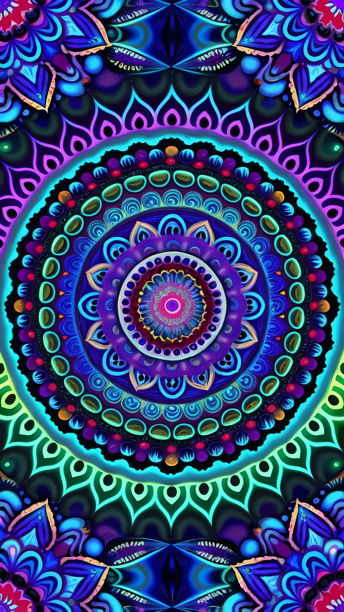 A surreal and disturbing kaleidoscopic pattern inspired by trypophobia, featuring multiple layers of small, closely-packed holes resembling those found in lotus pods. The holes are arranged symmetrically in intricate, repeating patterns, creating a mesmerizing yet unsettling visual effect. The colors include a vivid mix of soft pink and bright cyan blue, with the holes appearing dark and glossy. The kaleidoscope effect is enhanced by light reflecting and passing through the holes, creating a shimmering, translucent quality that adds a layer of depth and complexity. Additionally, the image features a multi-exposure effect, with overlapping patterns that seem to shift and blur, giving the impression of multiple layers in motion. This combination of elements results in a hypnotic and eerie visual experience, blending the allure of pastel colors with the discomfort of trypophobia.