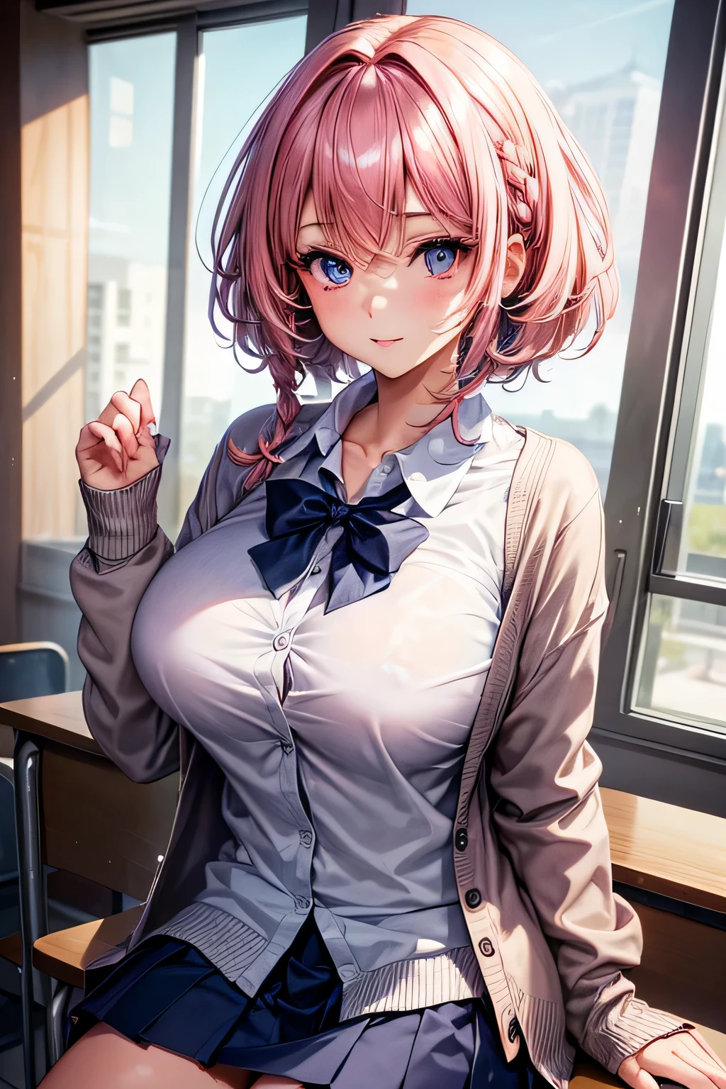 masterpiece,best quality,ultra-detailed,high resolution,beautiful detailed eyes,,1girl,(short hair:1.1),pink hair,(Side Braids:0.95),(hairs between eyes:1.3),shaggy hair,Indigo eye,(gigantic breasts1.3),{school uniform, cardigan},class room, arm up,Cheerful