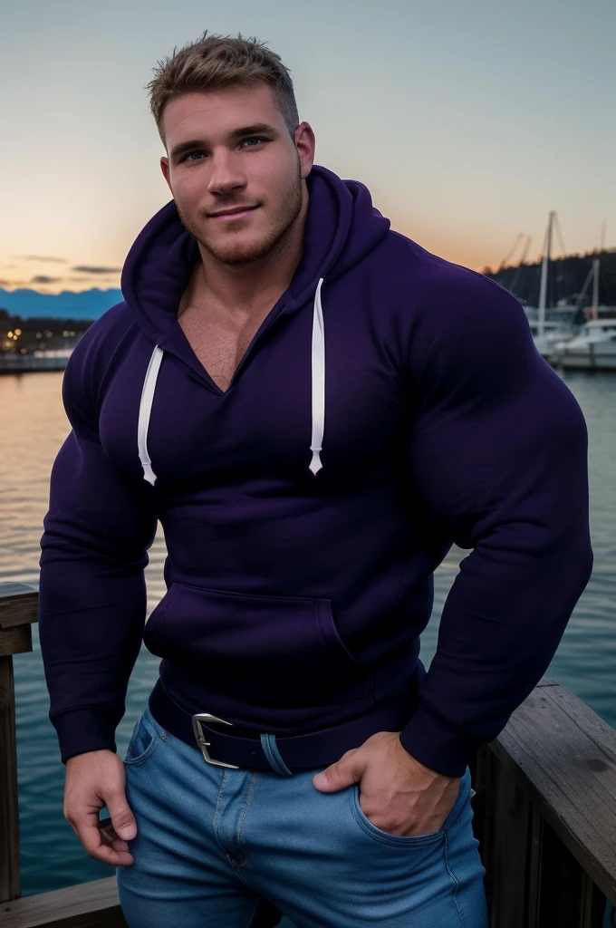 (GS-Masculine:1), 1boy, looking at viewer, detailed realistic open eyes, smirk, glowing skin, shirtless, muscle god, large muscles denim pants, belt, cinematic lighting, sunset, candlelight, motes of light, vivid colour, standing in front of pier,