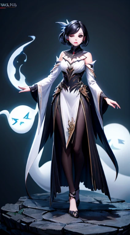 solo, super fine photo, full body photo picture Unreal Engine 5 8K UHD, beautiful girl, black hair, white thin dress, female ghost, banshee, black eyes with black tears, flying, fantasy theme, fantasy design, beautiful make up, best quality, masterpiece, unified 8k wallpaper, super detailed, sharp focus.
