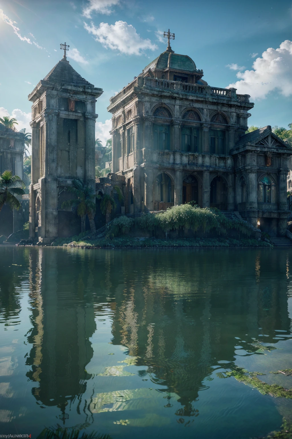 (8k, RAW photo, best quality, masterpiece:1.2), (realistic, photo-realistic:1.37), octane render, ultra high res, ultra-detailed, professional lighting, photon mapping, radiosity, physically-based rendering, ue5, ((island sanctuary)), ((ancient fallen kingdom)), ((reflections in water)), ((raytracing)), ((drowned city))