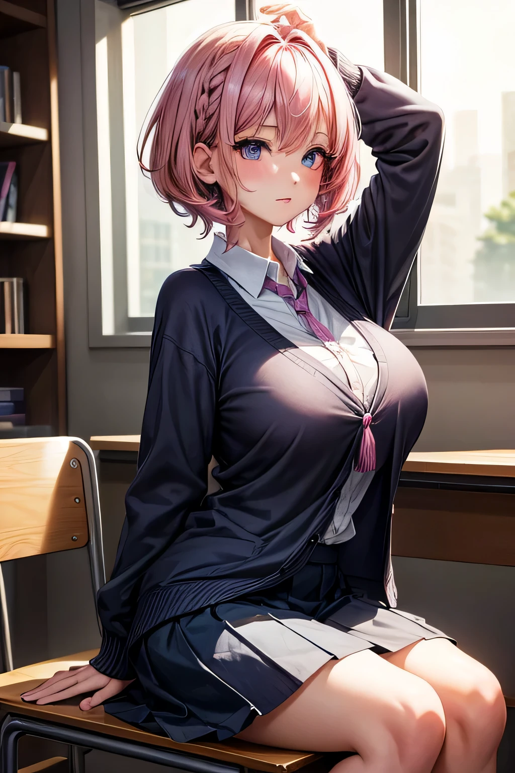 masterpiece,best quality,ultra-detailed,high resolution,beautiful detailed eyes,(((pov))),1girl,(short hair:1.1),pink hair,(Side Braids:0.95),(hairs between eyes:1.3),shaggy hair,Indigo eye,(gigantic breasts1.3),{school uniform, cardigan,school knee high socks},class room, arm up,Cheerful