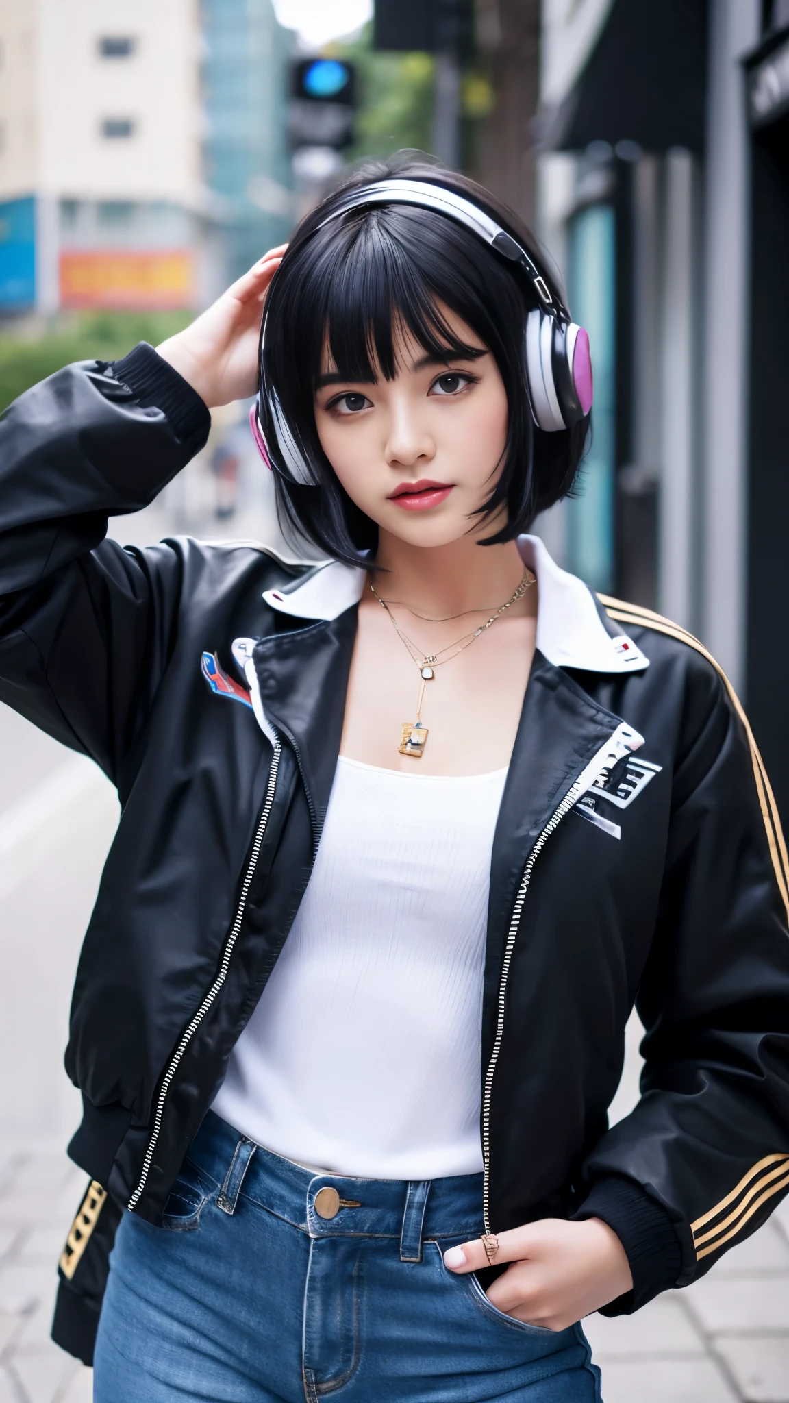 1girl, 18 years old, virtual youtuber, black hair, shirt, short hair, pants, jacket, hair between eyes, jewelry, headphones,