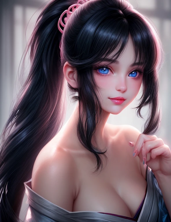  beautiful girl college student, masterpiece, light makeup, pink lips, black hair, messy long hair, , beautiful, elegant. super fine details, master works, authentic texture, cinematic lighting realism, 16K, hd,blue eyes、japanese,Beautiful Face、cute smile,、beautiful hair、ponytail、glamorous