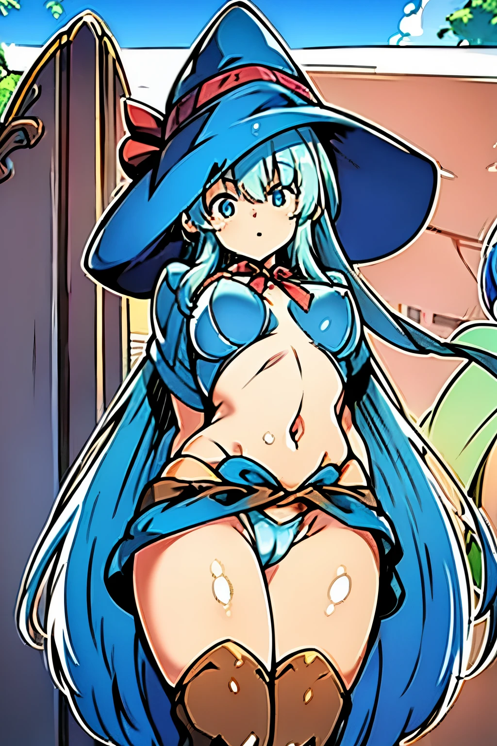 girl, discreet outfits, one character, green long hair, blue fantasy clothes with red trim, small breasts, magician, cloak, blue witch hat, brown leather boots, blue long skirt, red ribbon around the waist.