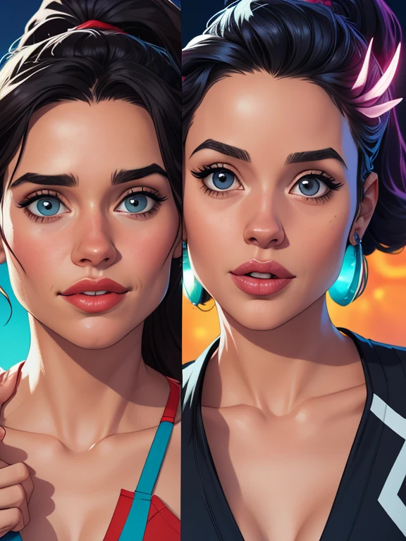 Beautiful portrait mode pose Cartoon character in dynamic pose two women together Jenna Ortega wandinha Adamms om 1,60cm on the left and along with a symmetrical body and beautiful breasts, corpo bem definido, delicado e sensual, estilo de desenho animado, digital illustration Jenna Ortega wandinha Adams Portrait mode Jennifer Connelly Olivia Wilde