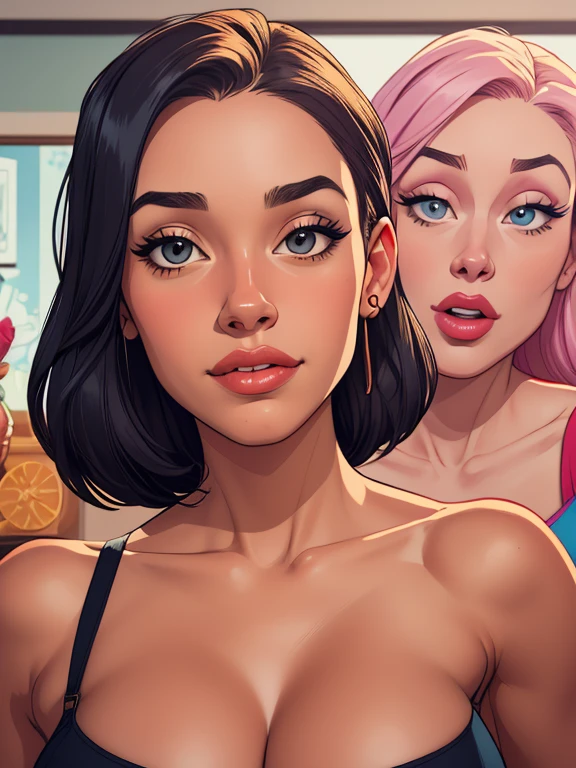 Beautiful portrait mode pose Cartoon character in dynamic pose two women together Jenna Ortega wandinha Adamms om 1,60cm on the left and along with a symmetrical body and beautiful breasts, corpo bem definido, delicado e sensual, estilo de desenho animado, digital illustration Jenna Ortega wandinha Adams Portrait mode