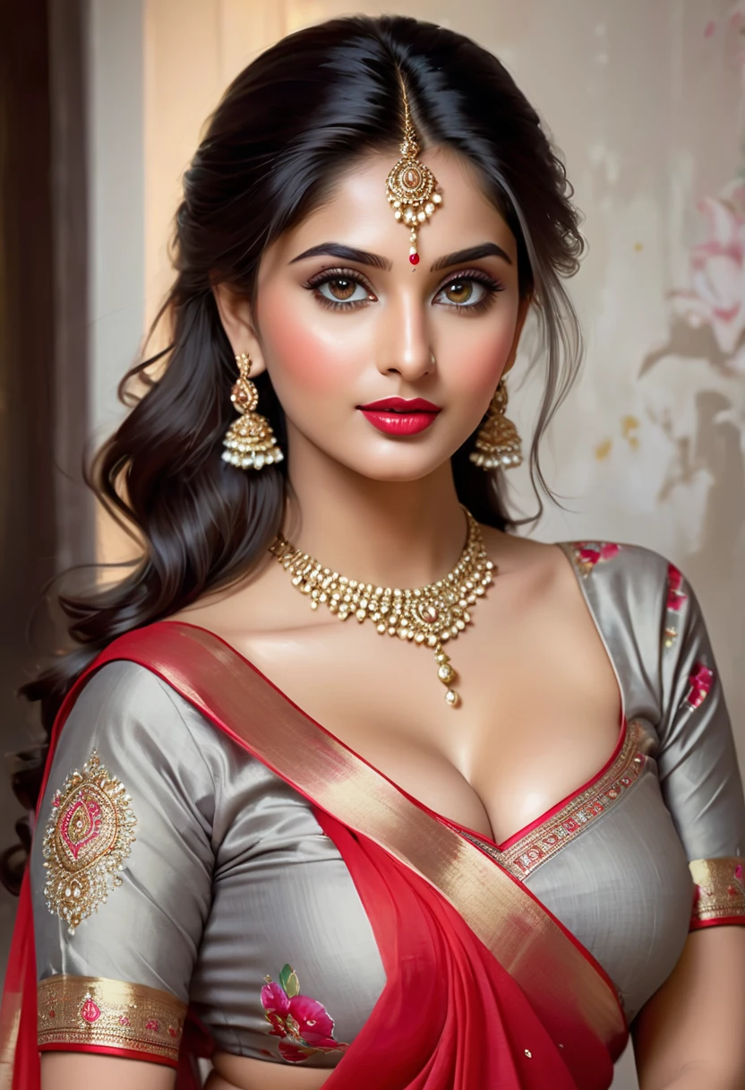 perfect pink eyes, fantastic face, Indian, beautiful look, ((red lips, bright eyes, curve heir 1.5)), ((beautiful details very big breast )), (Straight round and ultra huge clevage, not sagging breast), A glorious gorgeous, glorious gorgeous face, pretty face, bright eyes, detailed elegant printed red saree, updo elegant hair, blurred gray tones background, ultra focus, face ilumined, face detailed, 8k resolution, painted, dry brush, brush strokes, razumov style and garmash style, by Tokaito,  ((Full Open )), full body, sexy open thin belly, 