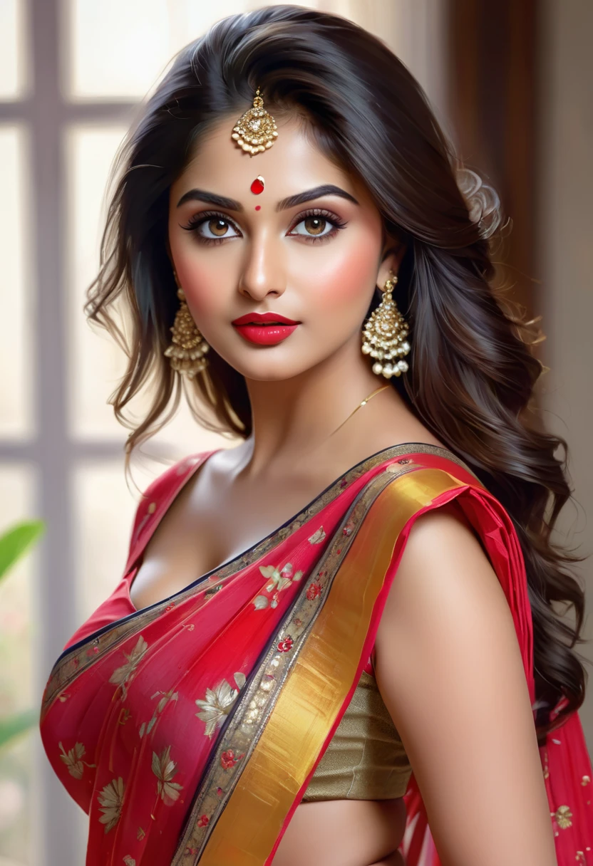 perfect pink eyes, fantastic face, Indian, beautiful look, ((red lips, bright eyes, curve heir 1.5)), ((beautiful details very big breast )), (Straight round and ultra huge clevage, not sagging breast), A glorious gorgeous, glorious gorgeous face, pretty face, bright eyes, detailed elegant printed red saree, updo elegant hair, blurred gray tones background, ultra focus, face ilumined, face detailed, 8k resolution, painted, dry brush, brush strokes, razumov style and garmash style, by Tokaito,  ((Full Open )), full body, sexy open thin belly, 