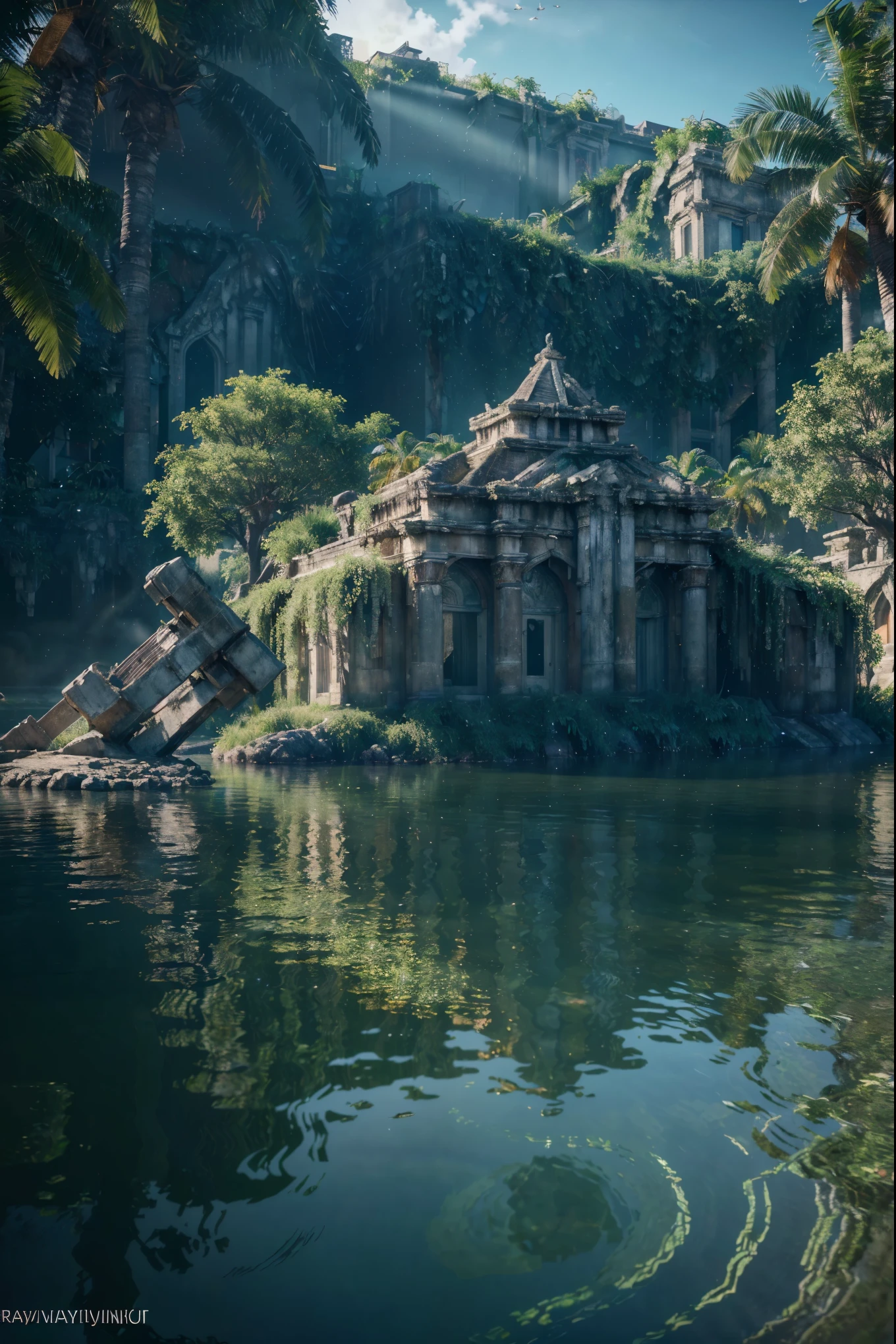 (8k, RAW photo, best quality, masterpiece:1.2), (realistic, photo-realistic:1.37), octane render, ultra high res, ultra-detailed, professional lighting, photon mapping, radiosity, physically-based rendering, ue5, ((island sanctuary)), ((ancient fallen kingdom)), ((reflections in water)), ((raytracing)), ((drowned city))