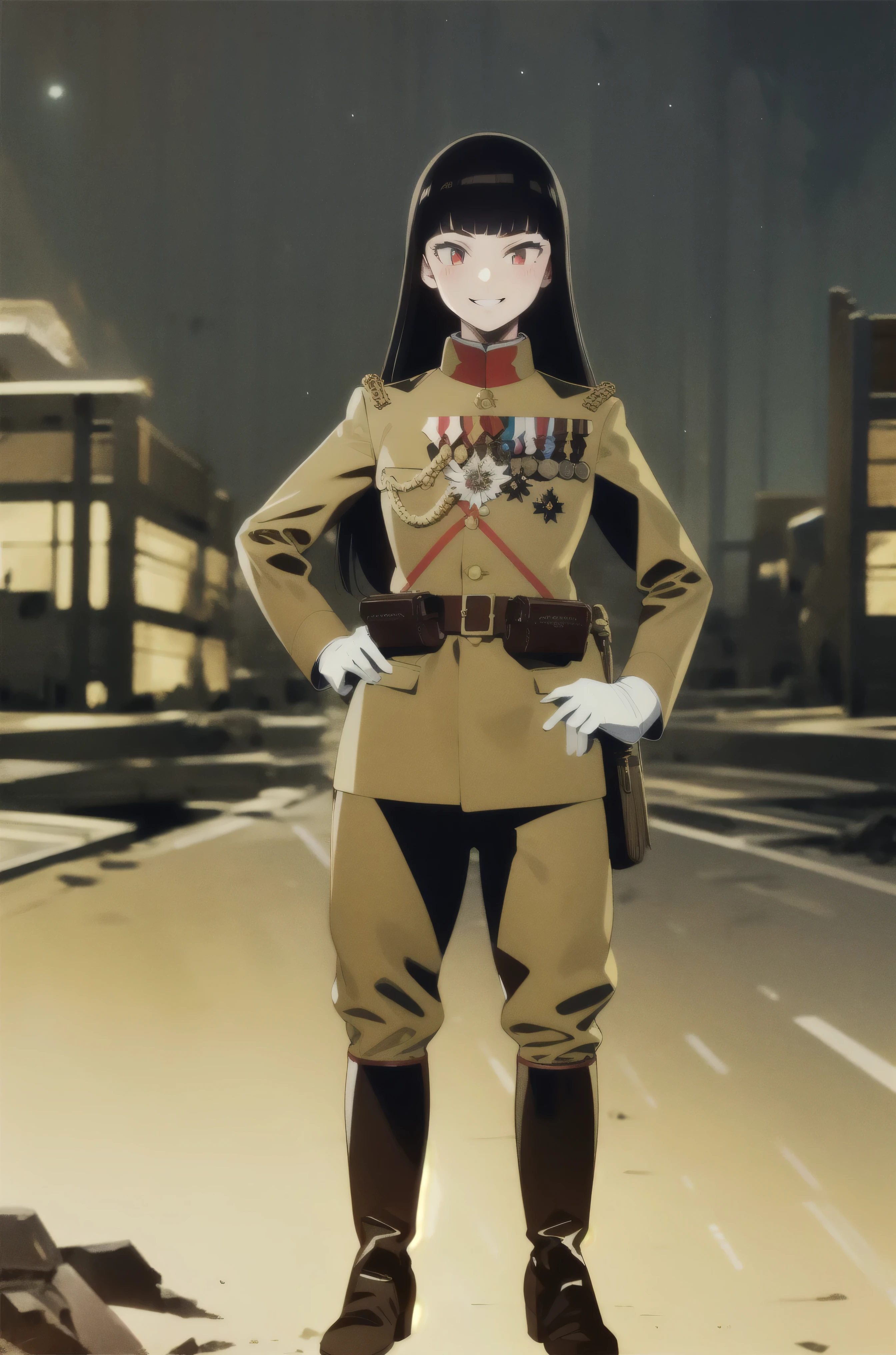 masterpiece, highest quality, Absurd, High resolution, Very detailed, One girl, alone, Cowboy Shot, ((IJA Taisho, Khaki uniform, Combatant,Golden Sling,General positions, Medals,)),Black long boots, Hands on hips, medium chest,  chest,  Tight waist,  Black Hair, Long Hair,  Blunt bangs, Red eyes, Conceit,Wicked Smile,  White gloves, holster, Leather Belt Pouch, City in Ruins, Ruined streets, burning, Night Sky, Battlegrounds, crater,