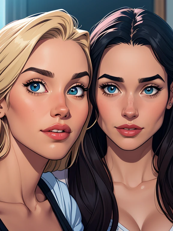 Beautiful portrait mode pose Cartoon character in dynamic pose two women together Jenna Ortega wandinha Adamms om 1,60cm on the left and along with a symmetrical body and beautiful breasts, corpo bem definido, delicado e sensual, estilo de desenho animado, digital illustration Jenna Ortega wandinha Adams Portrait mode Jennifer Connelly Olivia Wilde