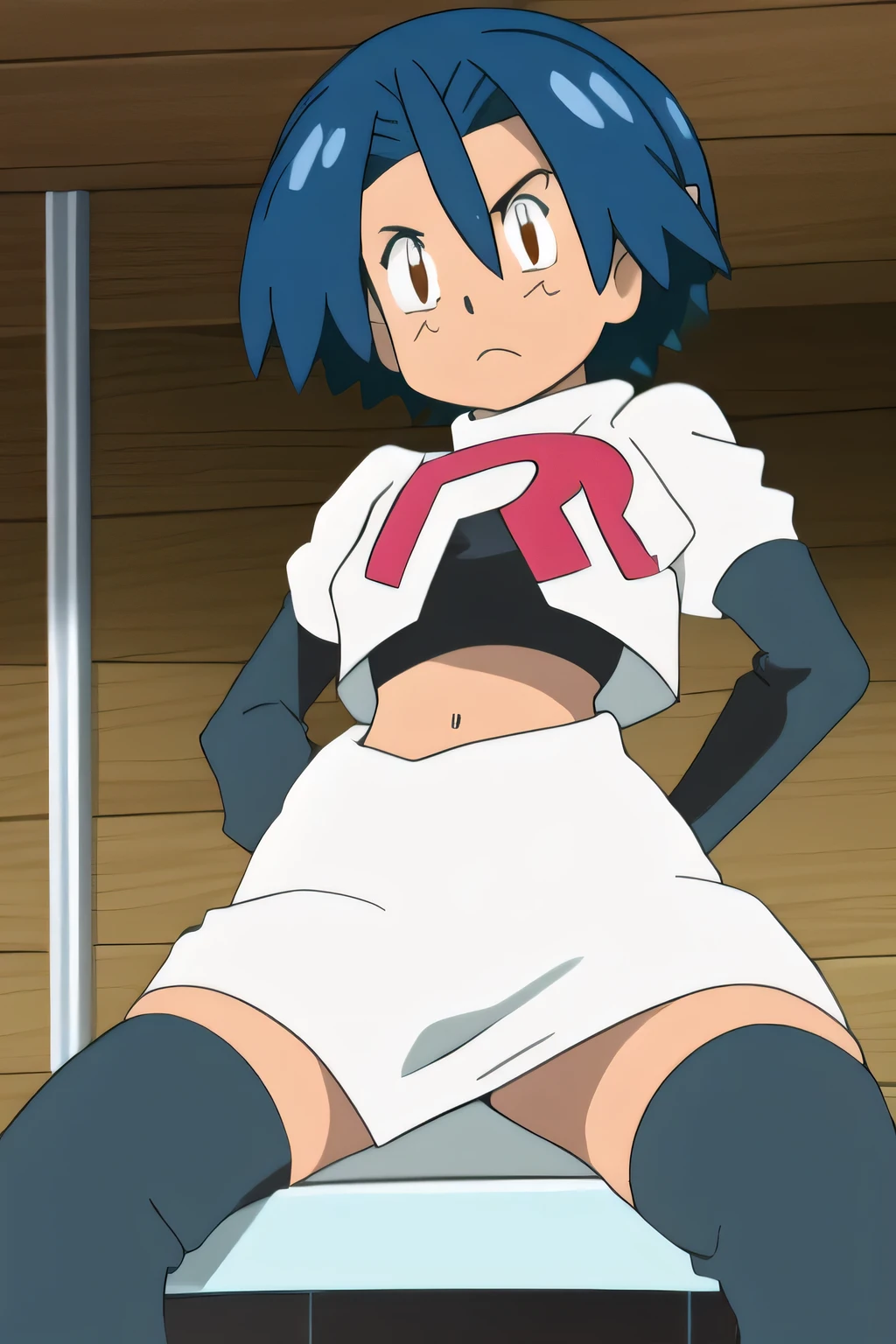 masterpiece,best quality,high res,high quality,8k, masterpiece,highres, team rocket uniform, red letter r, white skirt,white crop top,black thigh-high boots, black elbow gloves, glaring angrily, looking down at viewer, hands on hips, cowboy shot, zettai ryouiki,spread legs,from below, black panties,anime style, vivid colors, sharp focus, intense lighting,fuukoizumo, fuuko izumo, black hair, hair between eyes, (brown eyes:1.5), short hair