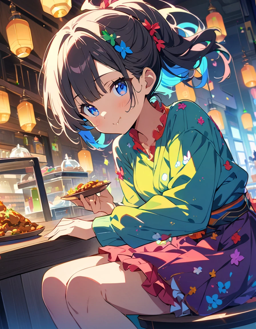 (masterpiece), (highest quality), (Super Detail), (Disheveled Hair), (figure), (One Girl), (Fashionable clothes), Sitting, (Eating Massaman curry)、Beautiful Eyes, Delicate and beautiful face, floating, (High saturation), (Colorful Splash), Asian Color, (Shine), Focus on the face, ponytail, Random color hair, bangs, Hair Ring, floating Flowers, floating Hairs, (The Shining), Best lighting, Best Shadow、(highest quality、masterpiece、High resolution、detailed)、animeスタイル、Flat Style、(Shine目、detailed美しい顔), BREAK,anime、Inside the restaurant