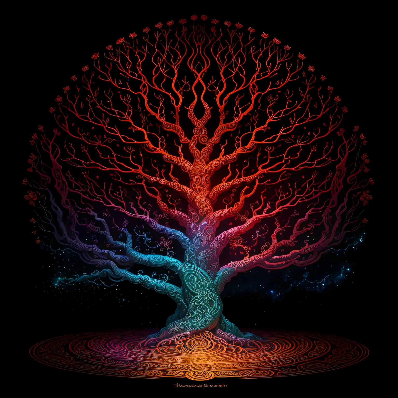 Craft an image of a Mythological Knowledge Tree, blending artistic elements that capture the essence of ancient myths. Picture roots that intertwine like serpents, embodying the serpentine threads of mythology. The trunk, adorned with motifs reminiscent of ancient scrolls, symbolizes the wisdom held within psychological realms. The branches, adorned with ethereal hues inspired by mythic tales, reach towards the celestial, embodying the spiritual aspirations. Infuse the entire composition with mythical colors, invoking the richness and vibrancy found in legendary tales. This artwork should be a testament to the intricate intertwining of mythology, psychology, and spirituality within the branches of the Knowledge Tree. Put a space background as well