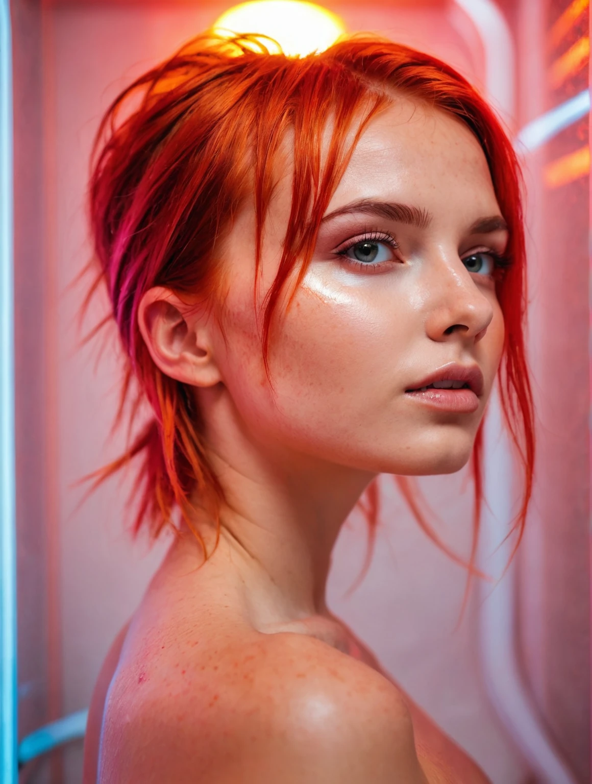 best quality, original photo, face portrait, A young woman,Has fiery red hair. Her face fills the entire frame., bathe in neon colors, Exudes determination and mystery in a futuristic background