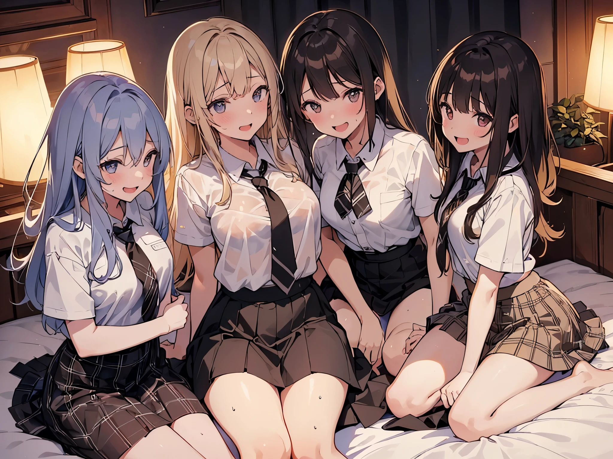 (NSFW), (((girls sex appealing))), (((four girls))), (((girls group))), (((Group illustration))), (((Group shot))), (((simple composition illustration))), (((Highschool uniforms))), (((white shirt))), (see-through), (short sleeves), (waist skirt), (Black plaid skirt), (((undressing shirt))), ((opened shirt)), ((girls Half-naked)) , ((girls sitting bed)), (on large white bed), (in bedroom), (in night hotel room), ((girls close-up)), (night), (girls lewd Laughing),(((girls sweaty))), (warm color scheme), Extremely exquisite body, beautiful detailed glow, cinematic lighting, 4K illustration, masterpiece, best quality, by top artist, by famous artist, by plo artist,