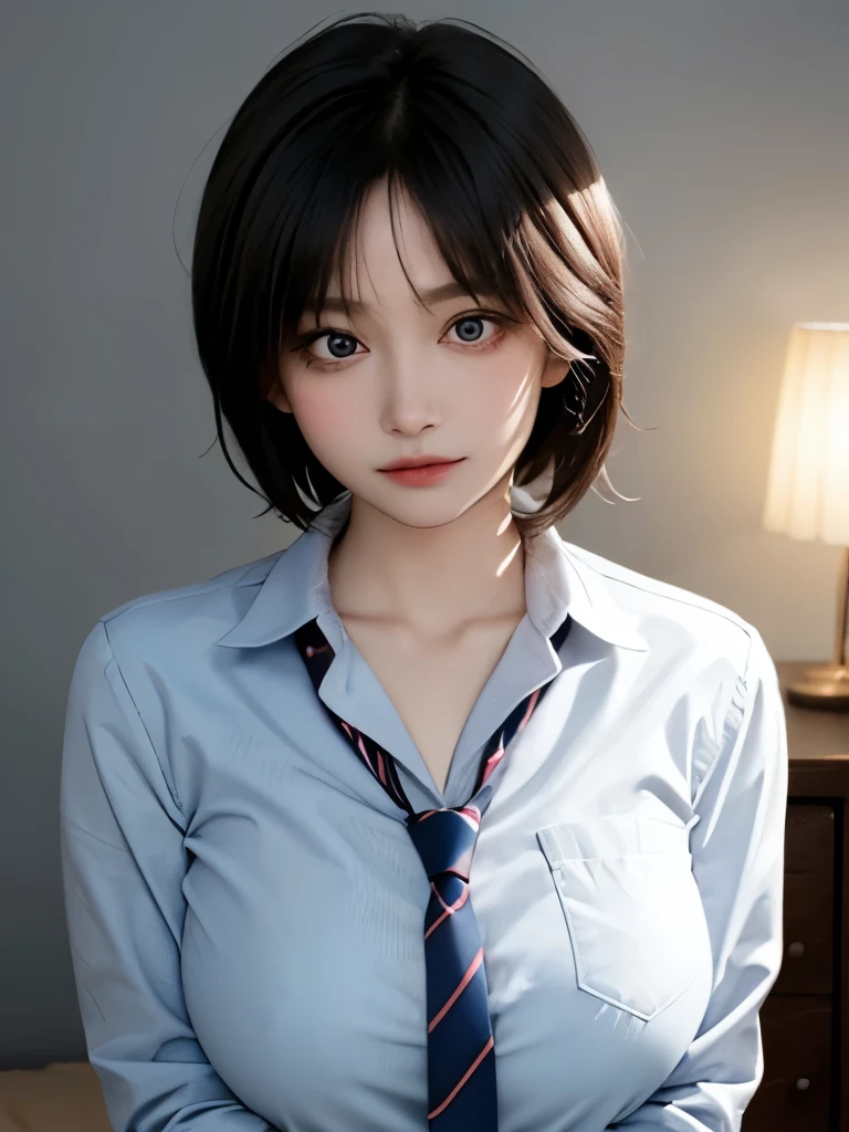(masterpiece:1.2, highest quality), (Realistic, photoRealistic:1.4), Beautiful illustrations, (Natural Side Lighting, Cinema Lighting),
View your viewers, Cowboy Shot, Front view, close:1.5, 1 girl, high school girl, Perfect Face, Cute and symmetrical face, Shiny skin, White skin、Seductive pose,
(short hair:1.2, Bobcut:1.2, Black Hair), Hairline, Asymmetrical bangs, blue eyes, Long eyelashes, (big breasts:0.9, Thin thighs),
Beautiful Hair, Beautiful Face, Beautiful fine details, Beautiful clavicle, Beautiful body, Beautiful breasts, Beautiful thighs, Beautiful feet, Beautiful fingers,
((Navy Blazer, Light blue collared shirt, Navy Pleated Mini Skirt, socks, Red ribbon tie)), Pink Panties,
(Beautiful views), evening, Bedroom, Lie in, Hands on the bed, (I'm in tears, Upward glance), (((Big Breasts))),