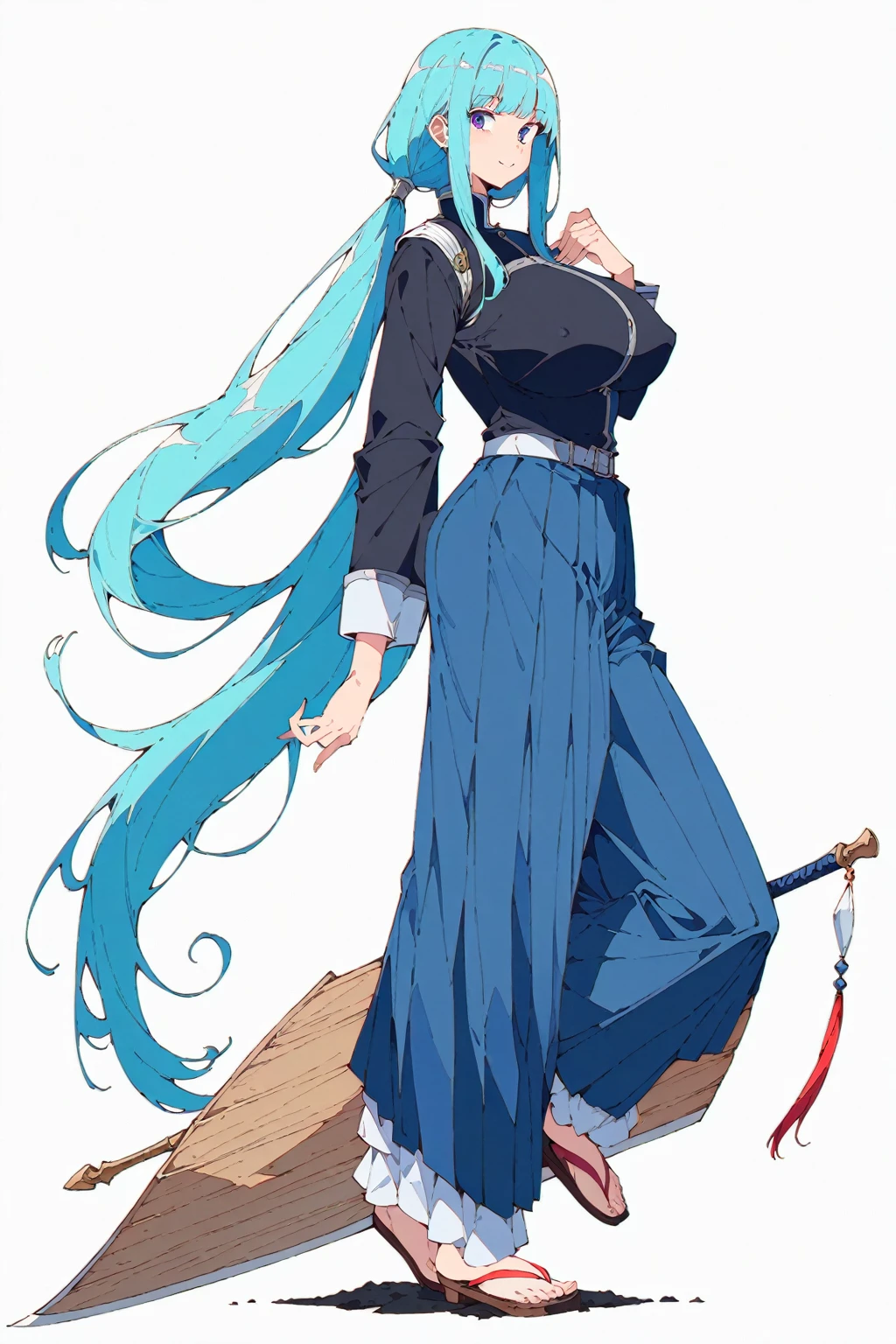 (masterpiece, bestquality, ultra-detailed, 8K high resolution, artstation on trending, Detailed Design:1.2),
middle ages, medieval times, Medieval European fantasy,
wind,
(flat design, ligne claire, photorealistic:1.2),
(1girl, fullbody, looking at viewer, front view:1.8),
(very long low ponytail, Long hair that touches your feet, japanese, light blue naginata woman, (light blue naginata uniform, dark light blue hakama:1.4), hakama skirt, light blue Sandals, Patterned clothing, Light blue hair, Yamato Nadeshiko, Wide Eyes, Big eyes, Drooping eyes, A kind face, smile:1.6),
(gigantic saggy breasts, gigantic hard nipples:1.4), (Clothes that are completely stuck to the chest, impossible clothes:1.5), Impossible clothing with perfectly shaped extremely gigantic puffy nipples, (pawg), (thin thighs, thick calf), slender body, (thin waist), mature milf, puffy lip, lewd, vulgar, erotic, A little tall,
(standing contrapposto pose, spread legs, Hands on hips:1.2),
(SFW Clothing:2.1),
(white background:2.5),