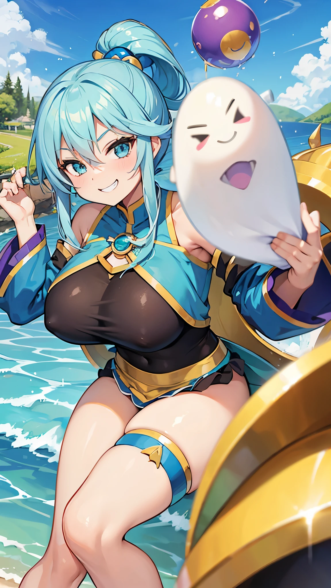 goddess aqua from konosuba smirking with a grin