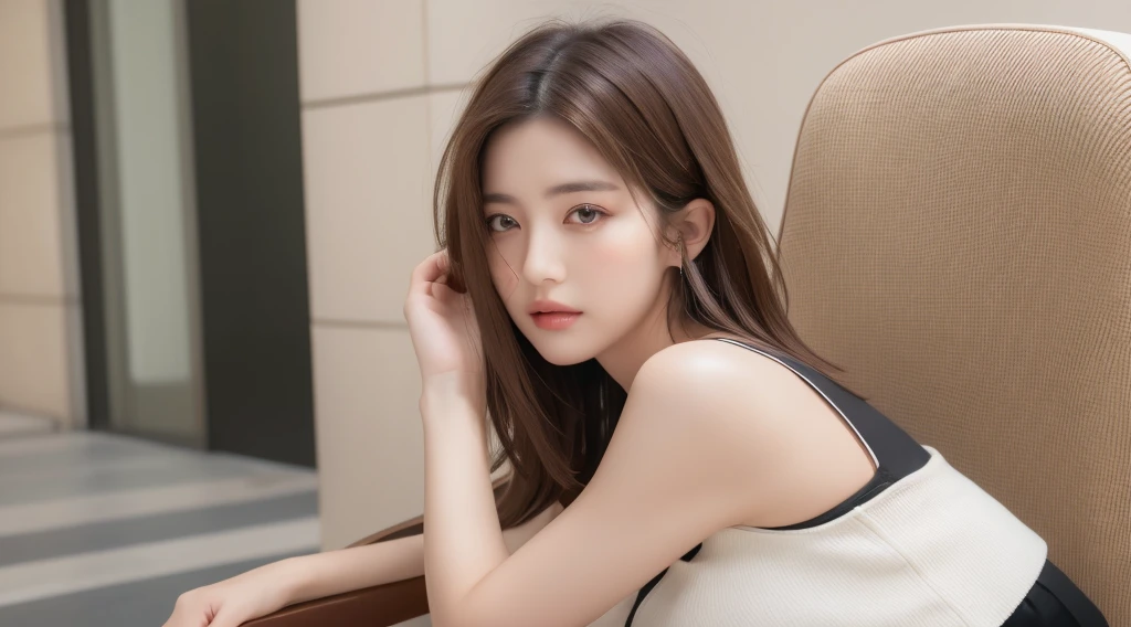 ((Best image quality, 8k, masterpiece:1.3)), Sharp focus:1.2, Perfect body beauty:1.4, Slim Abs:1.2, ((Layered Hairstyles, Big Breasts:1.2)), (Tank top shirt:1.1 ), (street:1.2), Beautiful face and skin texture, Beautiful Eyes, double eyelid, Lure,. Short skirt, Long brown hair, Women's suits, Big breasts are meaningless, High-resolution facial features, 8k,Sitting in a chair looking at me