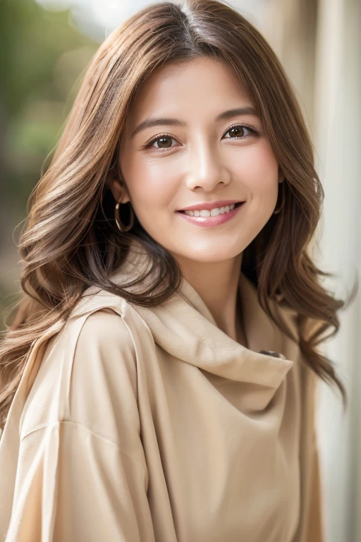 (highest quality、8K、32K、masterpiece、The color of the clothes is beige、(Background white))、woman、40s、Long Hair、Upper Body、Japanese、smile、looking at viewer、White teeth