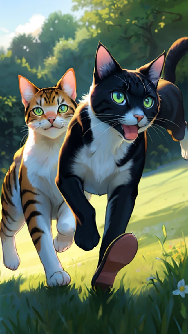 Two beautiful cats running on the grass