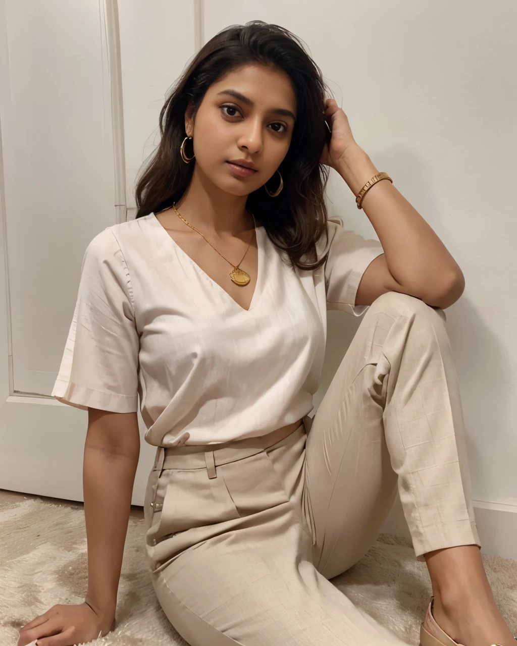 Tanvi in a tailored, short-sleeved blouse in a soft pastel color with high-waisted, slim-fit trousers in a classic neutral shade. Sleek, pointed-toe loafers in a complementary color to the trouser. Delicate gold pendant necklace and small stud earrings. Realistic photo. Best quality.