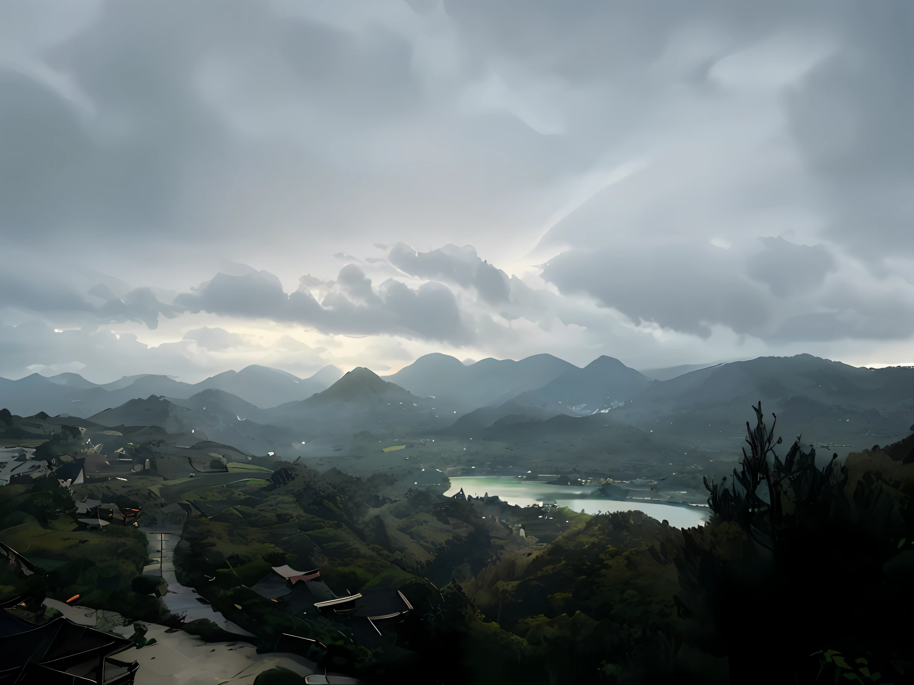 There is a view of the valley,With lake and mountains in the background, 8K''. Fill in a view, Taken with Sony Alpha 9, cloudy day, low clouds after rain, 어둡고 cloudy day씨, 8K''. fill most of the view, hills in the background, Rural Korea, cloudy day, mountains and lakes, Distant villages in valleys and hills,exemplary landscape