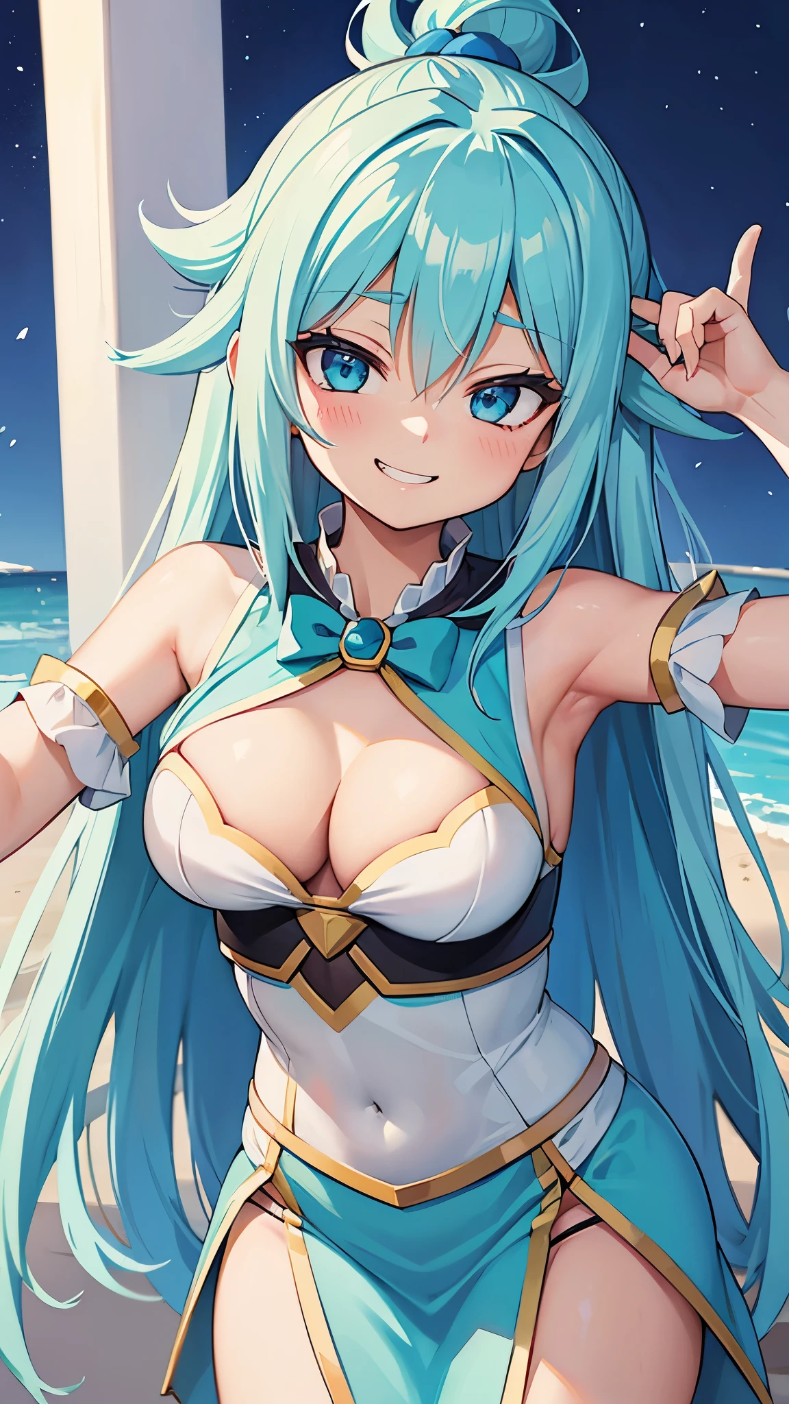 goddess aqua from konosuba smirking with a grin