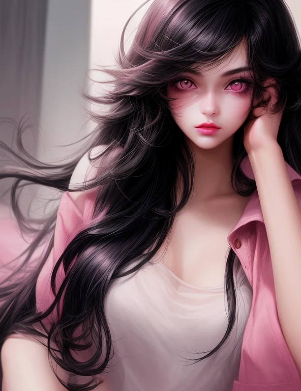 beautiful girl college student, masterpiece, light makeup, pink lips, black hair, messy long hair, , beautiful, elegant.