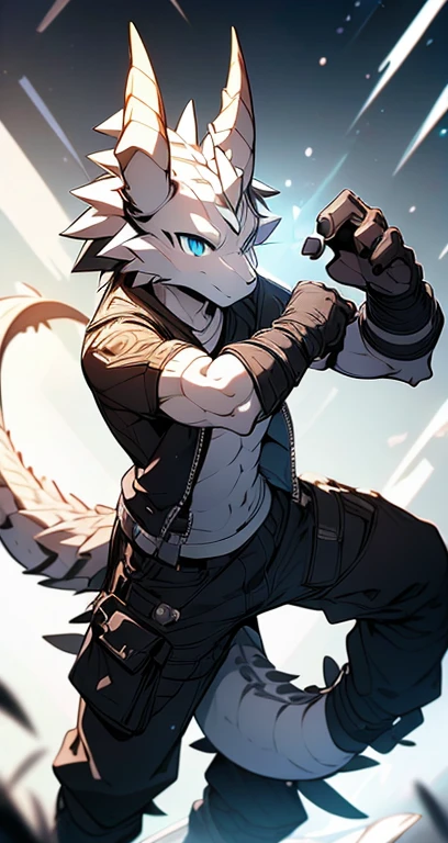Masterpiece, Cool Pose, Furry Gray Dragon, Medium Strong Body, Blue Eyes, Grey Medium Hair, Combat Black Shirt, Combat Gloves, Combat Pants, Fierce, Good looking