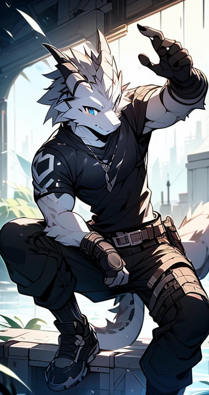 Masterpiece, Cool Pose, Furry Gray Dragon, Medium Strong Body, Blue Eyes, Grey Medium Hair, Combat Black Shirt, Combat Gloves, Combat Pants, Fierce, Good looking