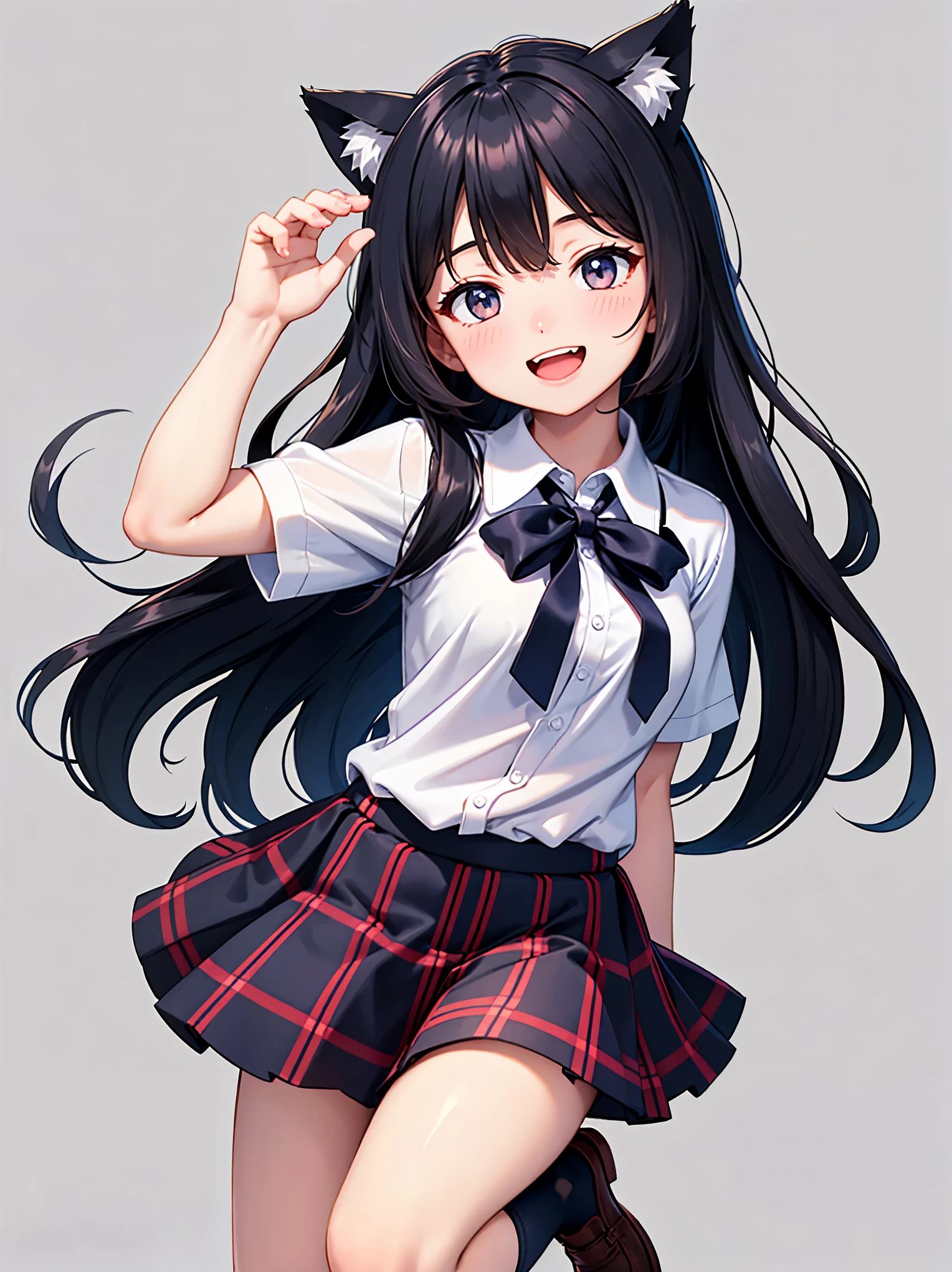 girl,one person, Long black hair, Cat ear, high school girl, Tartan Skirt, White short sleeve shirt, Navy blue socks, smile, Laughing with your mouth open,laughing,Blank background, whole body, high quality,Ribbon on chest,White shirt