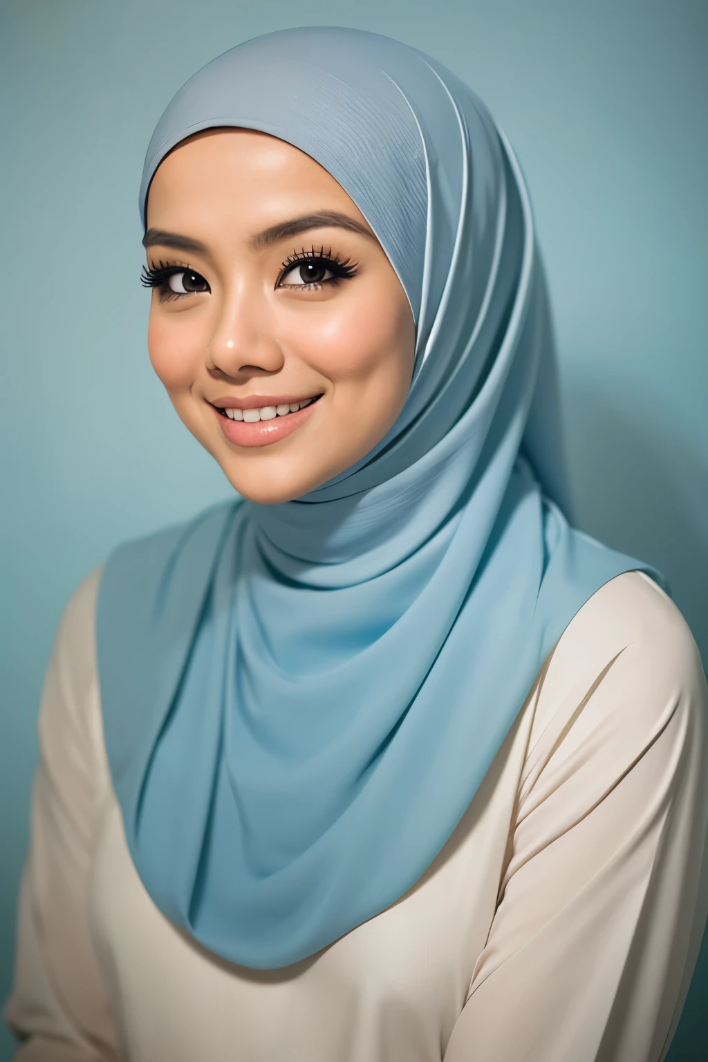 Malay girl in hijab wearing nothing portrait photography, mid shot photo, ultra detail, professional photograph with professional lighting, smile, light blue studio background, sexy seducing pose, curvy