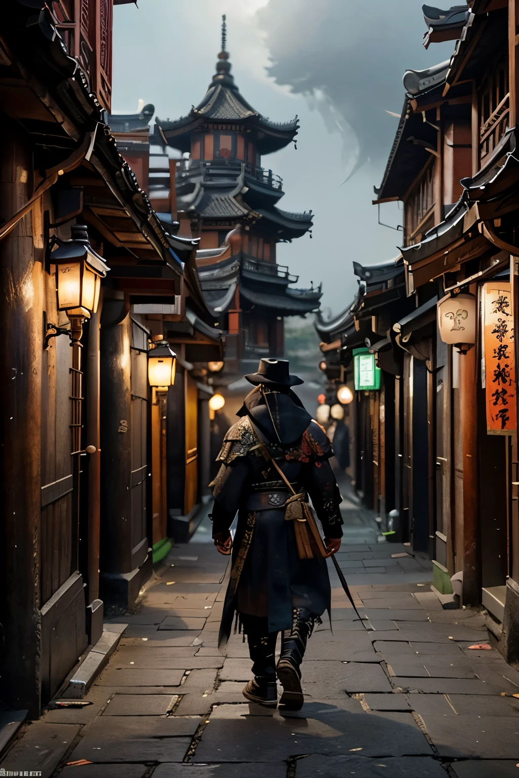 Animation - street style scene with a man in a cape, ghost of tsushima, Traditional Japanese concept art, dreamy chinese village, ancient chinese village, Dok2 and Bloodborne World, cyberpunk chinese temple, 4K resolution concept art, chinese city, 4K Concept Art, 4K Concept Art, Pungju concept art, concept art amazing atmosphere