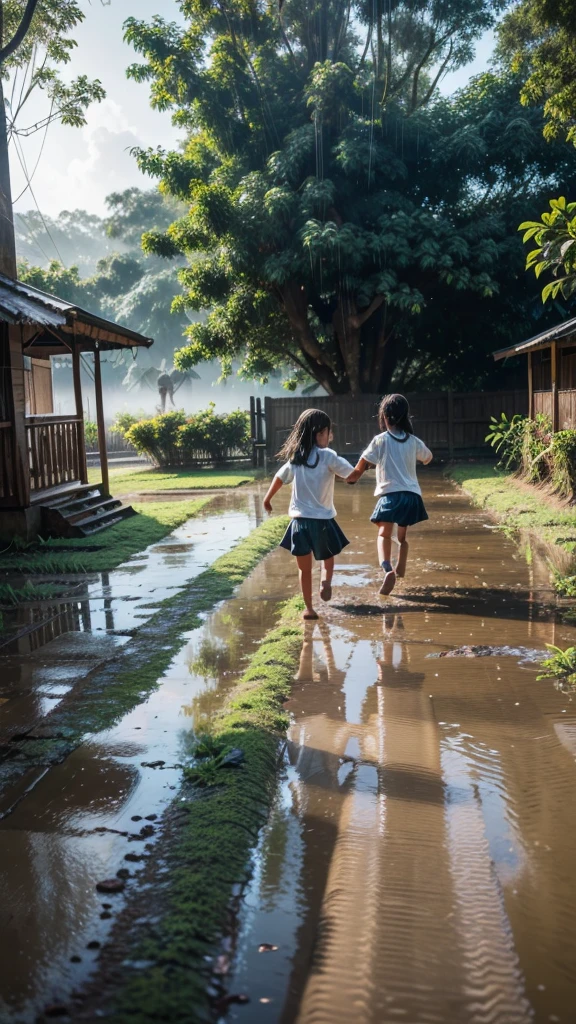 elementary school children joyfully playing in the rain, vibrant colors, photorealistic masterpieces:1.2, high-resolution, Indonesian landscape, nostalgic atmosphere, warm color tones, soft natural lighting, organic textures, muddy footprints, wet leaves.