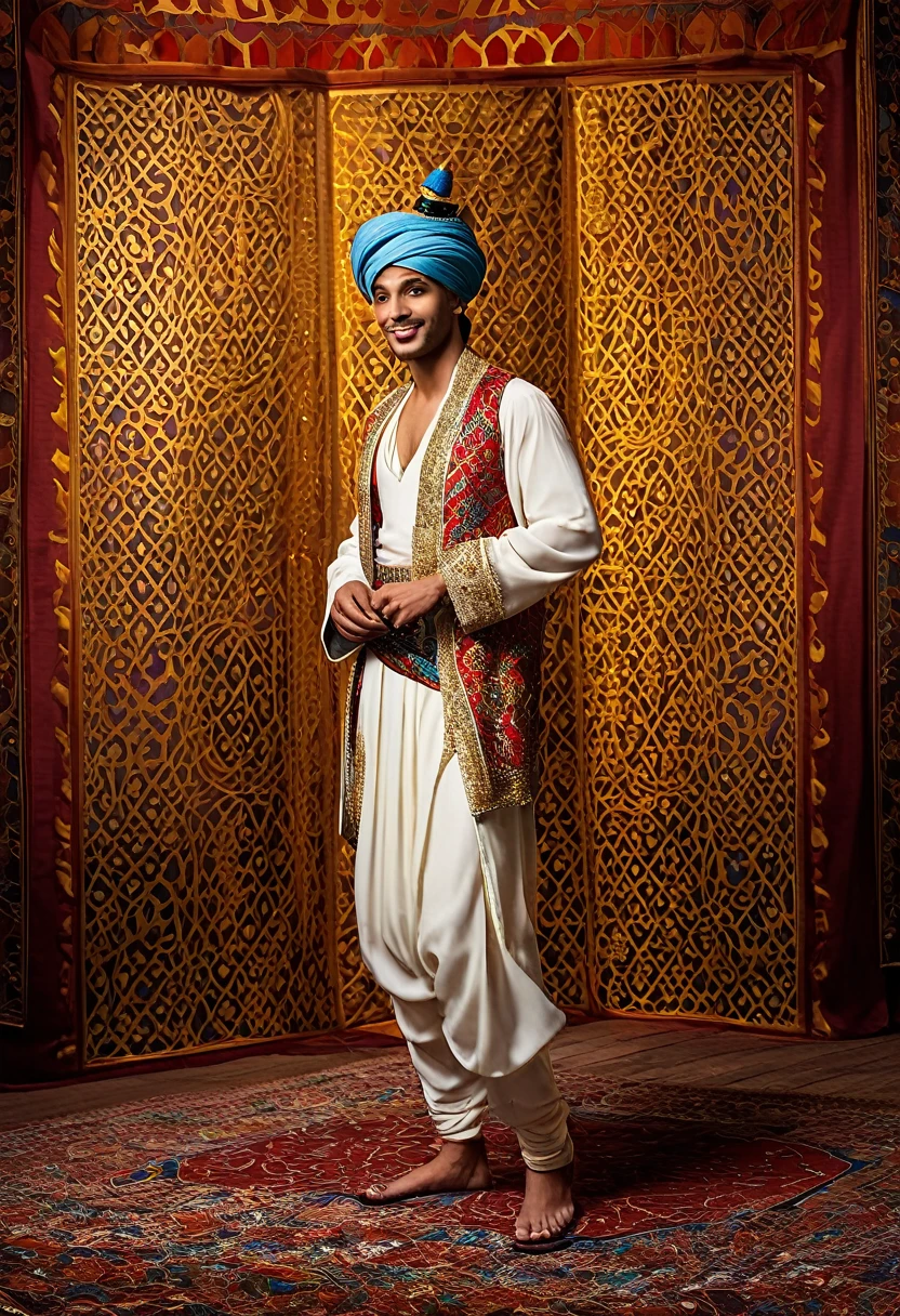 
In a departure from the whimsical depictions of Aladdin often portrayed in popular media, imagine a historically accurate portrayal of the legendary figure. Clad in attire true to the time and place of his origin, Aladdin stands as a figure of historical significance.

Dressed in the rich fabrics and intricate designs characteristic of the Islamic Golden Age, Aladdin's attire reflects the cultural and sartorial traditions of ancient Arabia. His garments are adorned with ornate patterns and vibrant colors, signaling his status within his community.

Gone are the fantastical elements of flowing silks and exaggerated turbans. Instead, Aladdin is dressed in attire befitting his station—a simple yet elegant ensemble that speaks to his humble origins and resourceful nature.

This depiction of Aladdin invites viewers to appreciate the rich tapestry of history and culture from which the legend emerged. It serves as a reminder that behind every myth lies a nugget of truth, waiting to be unearthed and rediscovered.