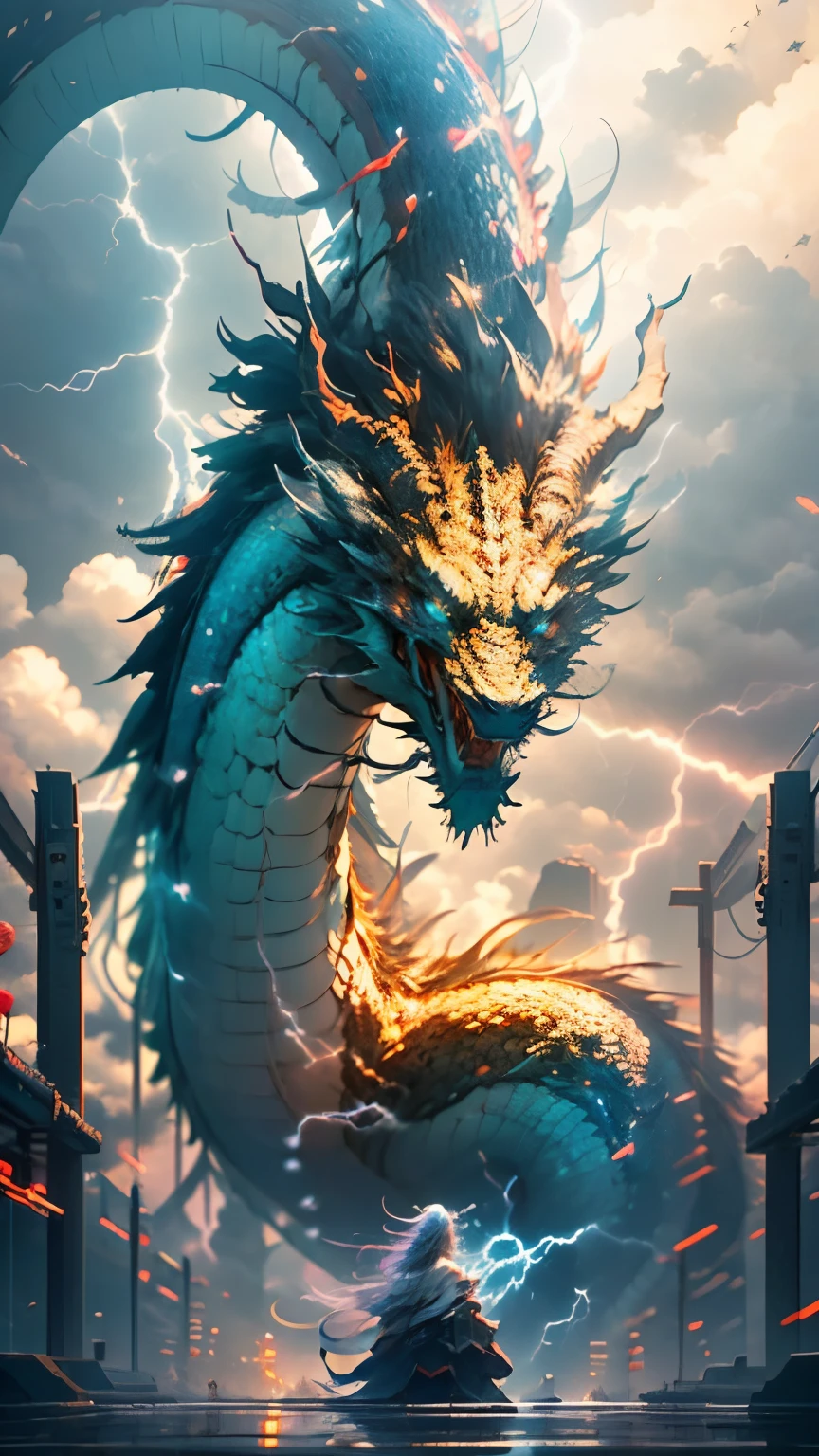 China's white dragon soared into the sky,(((lightning is shining))),(girl who controls a dragon:1.3),(Girl has her back to the camera:1.3),The sky is surrounded by cloudagic of light,amazing background,background of meaning,ridiculous background,There is an artistic overlay,colorful hair, surrealism, cinematic lighting, ray tracing, god's light, speed line, Angle of view, hyper hd, masterpiece, 最high quality, Super detailed, High resolution, high quality,(Vision:1.3)
