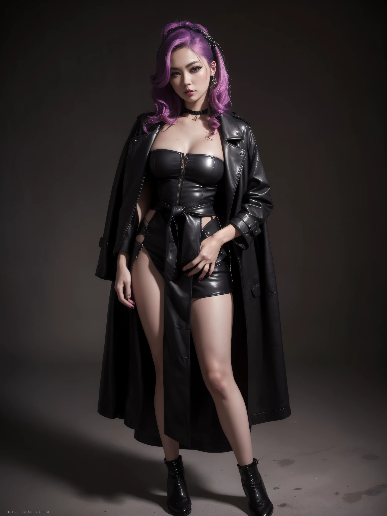 cute emo girl, long dark (fuchsia hair), punk-rock Lolita, natural breasts, waist up portrait, full body portrait, fashion photography, long wavy pink and purple hair, no background ((long black leather coat)), perfect face, ((full body portrait)) no background