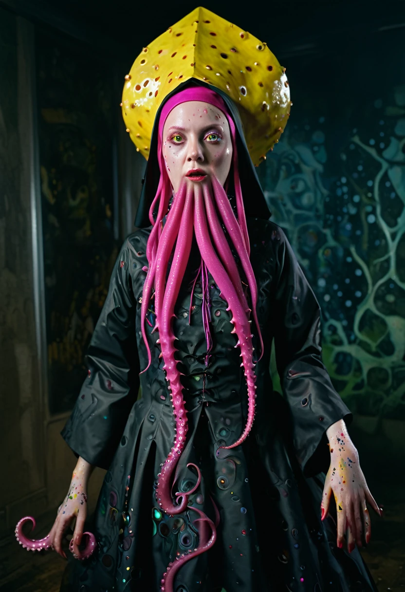 8K, ARTISTIC photogrAphy, best quAlity, mAsterpiece: 1.2), A (potrAit:1.2)  witch BLOOD Toon Doll Cthulhu nun QUEEN, EYES, PINK many octopus style tentacles, full body RAW candid cinema, yellow hair, 16mm, color graded portra 400 film, remarkable color, ultra realistic, sad admosphere, dark lighting, oppressive atmosphere, depressive colors, kodak portra 400, photograph,r, Natural Light, Pinhead lighgts, blur reflection, Brush Strokes, Smooth, abstract, Splatter, Oil On Canvas, rainbow colors, fractal isometrics details bioluminescens : a stunning realistic photograph of wet bone structure, 3d render, octane render, intricately detailed, titanium decorative headdress, cinematic, trending on artstation | Isometric | Centered